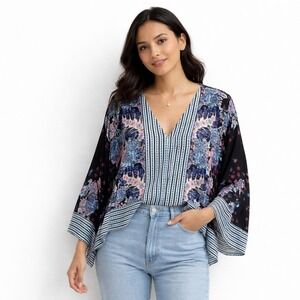 Free People Floral Batwing Kimono Blouse Striped Trim Blue Pink Boho L